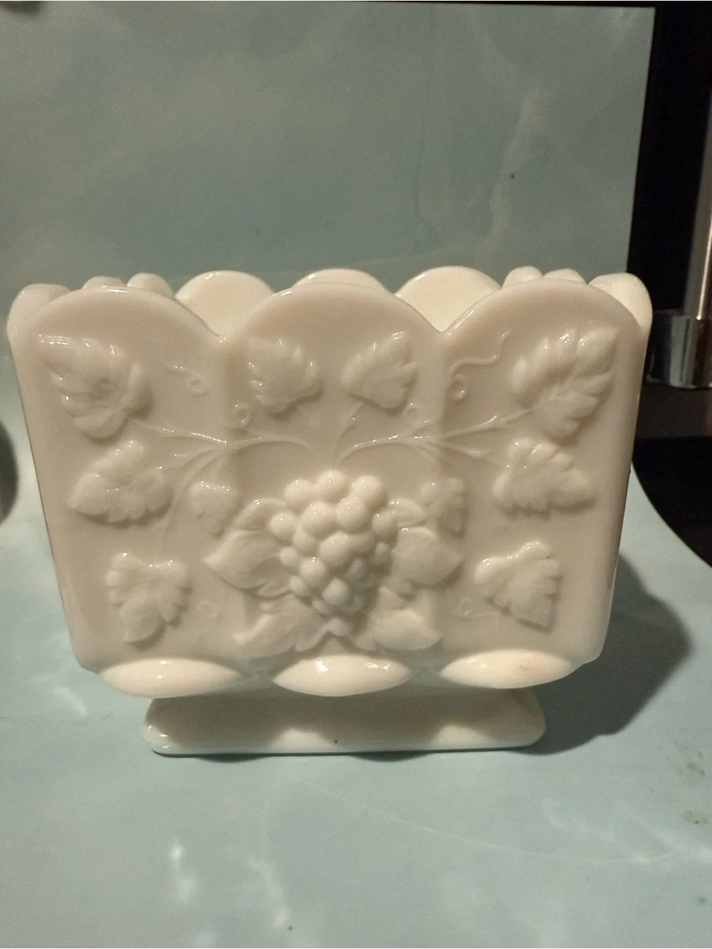 White Grape Relief Milk Glass Planter - Elegant Home Accent-    6”x6 1/2”